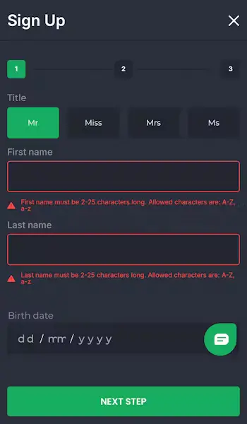 7Bet Casino Sign Up Page