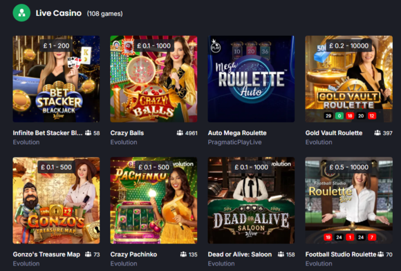 Selecetion of live casino games available at 7bet