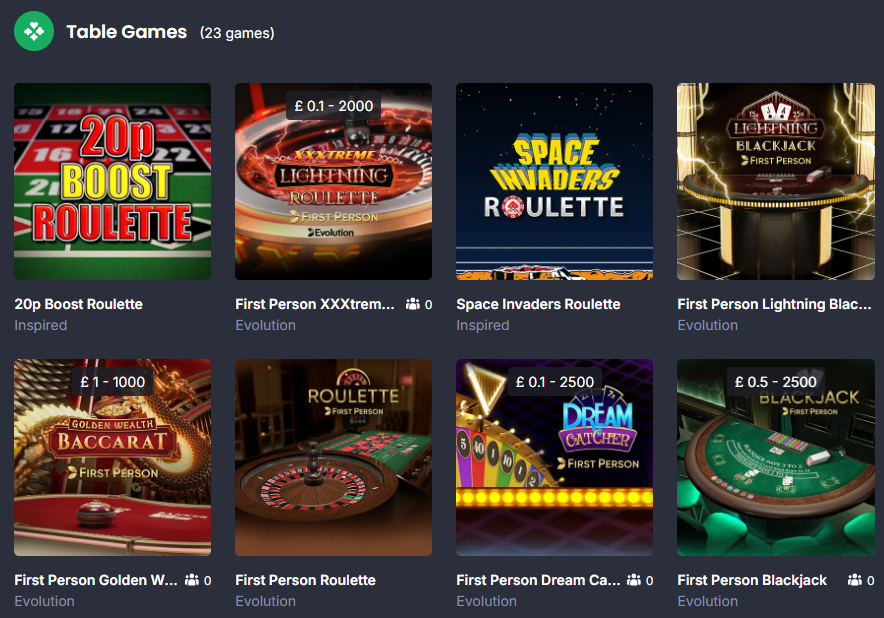 7bet tables games - selection of tables games available at 7 bet
