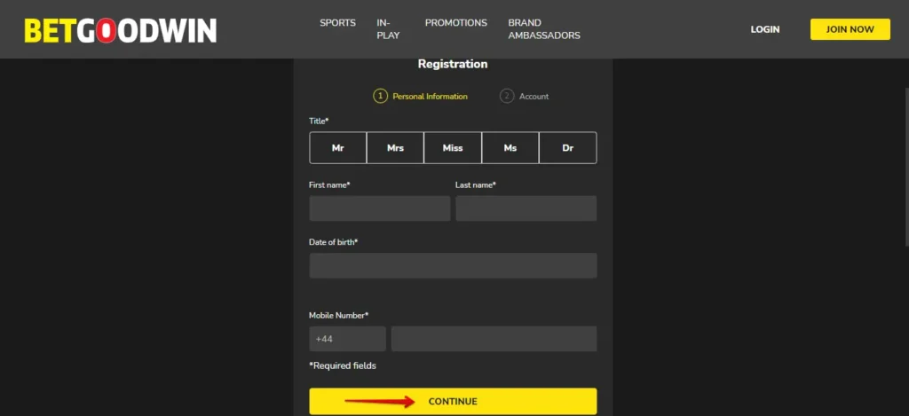 BetGoodwin Sign Up Form