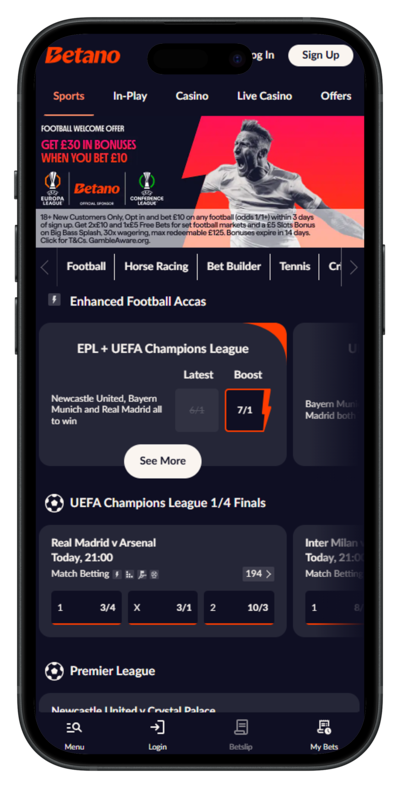 Betano Homepage Mobile View