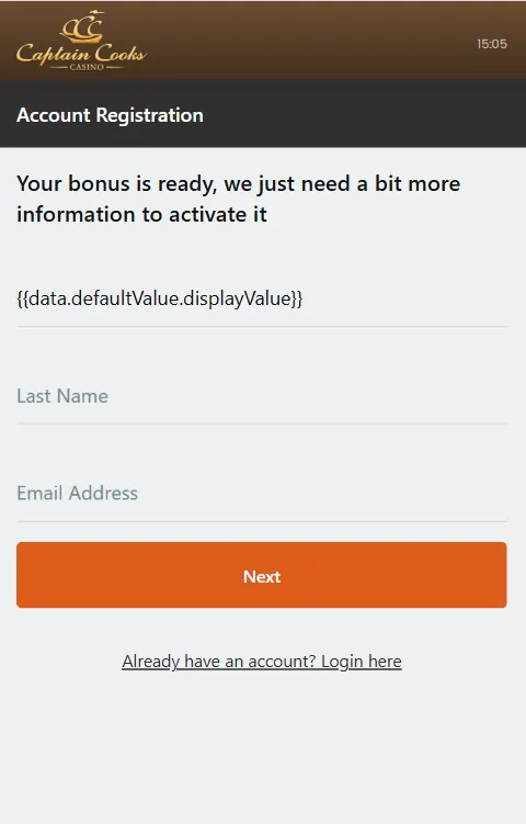 Captain Cooks Casino Registration Page