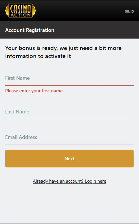 Casino Action Signup Page