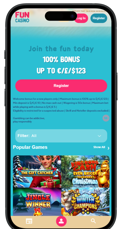 Fun Casino Mobile view Homepage-portrait