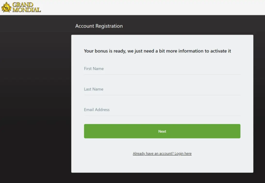 Grand Mondial Casino Registration Page