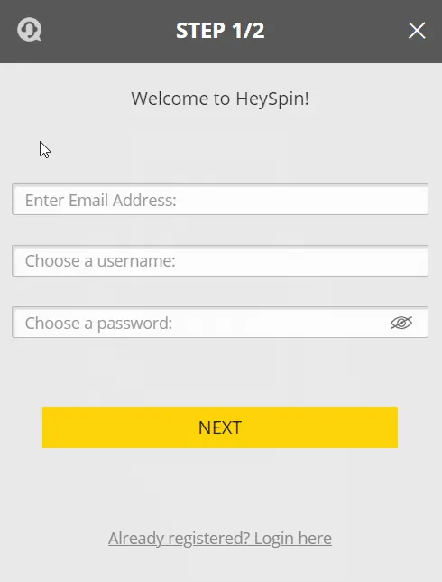 HeySpin Registration Page