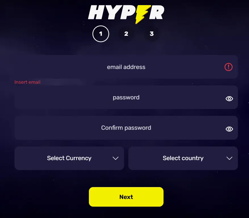Hypercasino Registration Page