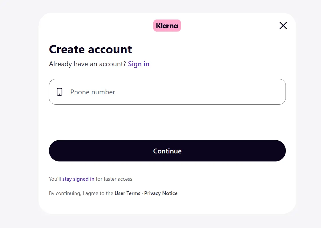 Klarna Signup Page