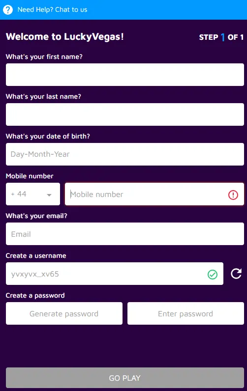 Luckyvegas Casino Registration Page