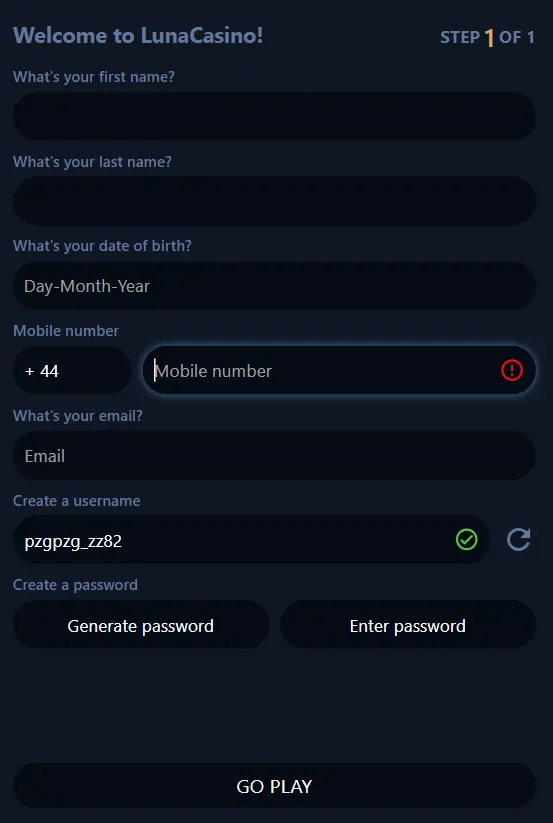 Luna Casino Sign Up Page