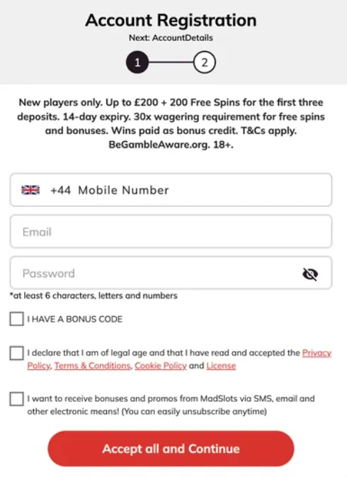 Madslots Casino Registration Page