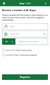 Mr Vegas Registration Page