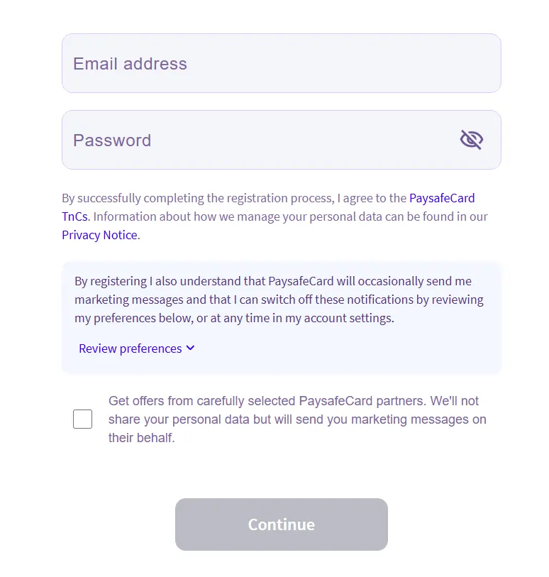 Paysafecard Signup Page