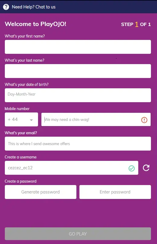 Playojo Casino Registration Page