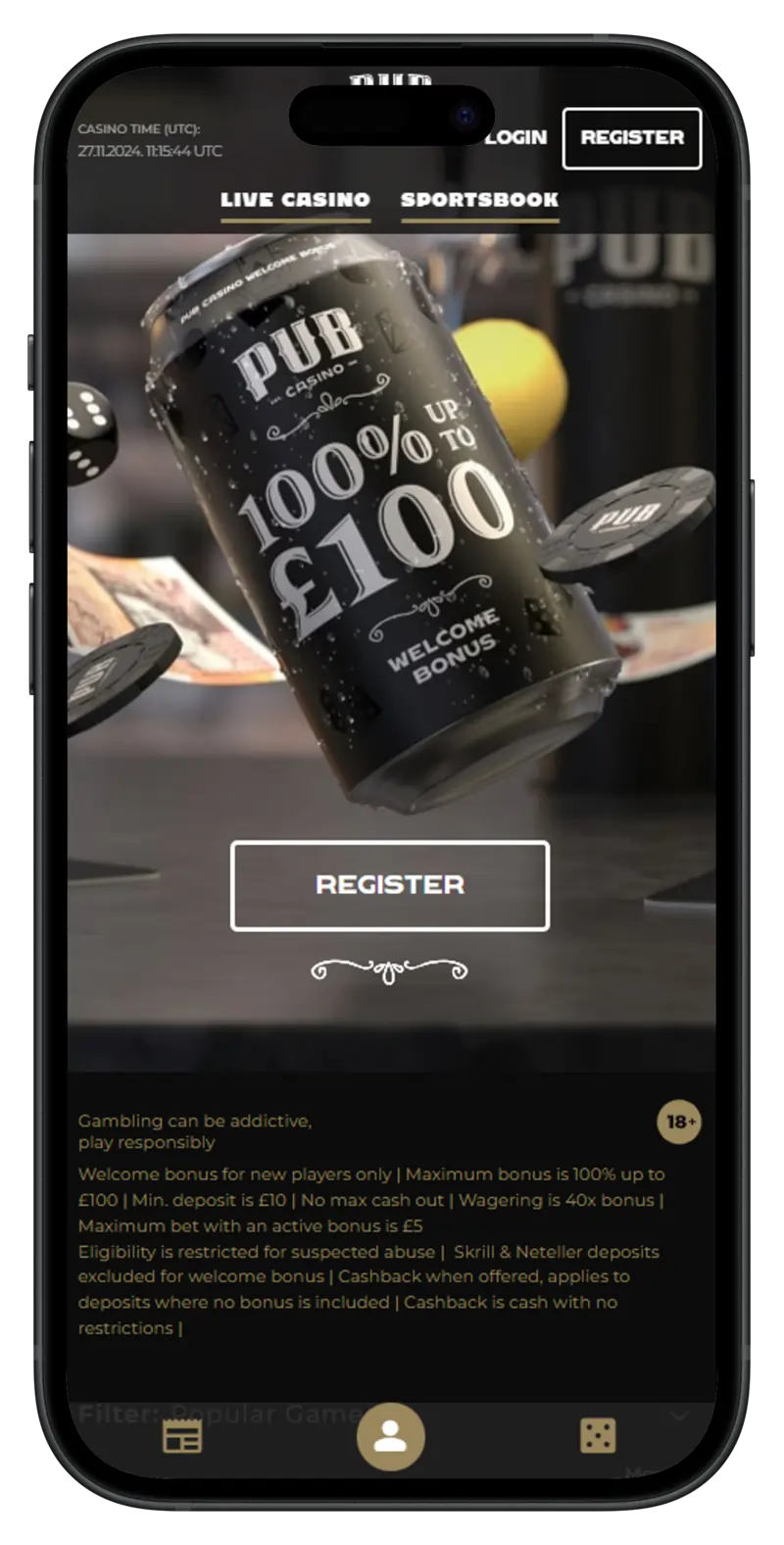 Pub Casino Homepage-Mobile View portrait