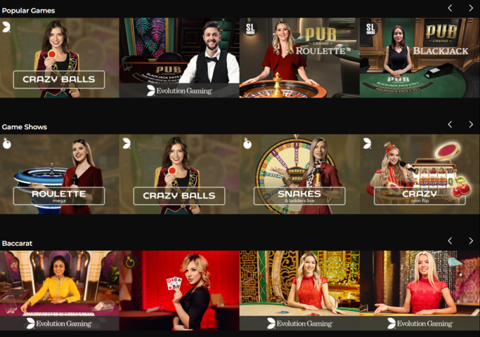A selection of Live Casino Games available at Pub Casino