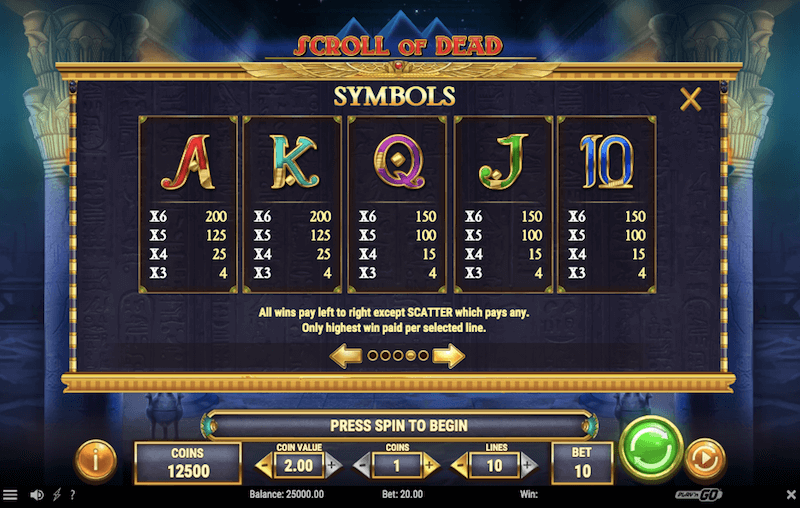 Scroll of Dead Slot Symbols & Paytable