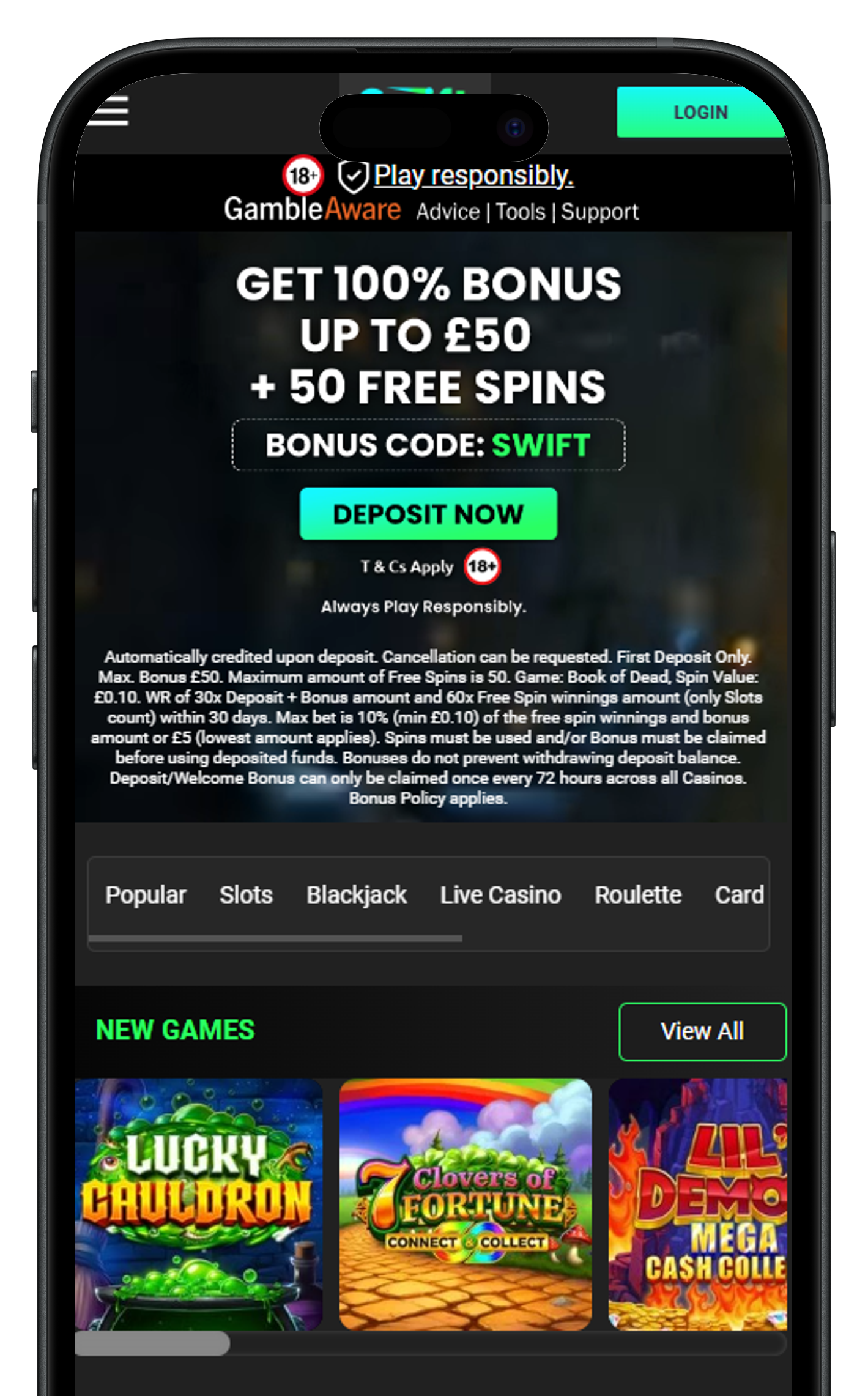 Swift Casino Homepage Mobile view-portrait