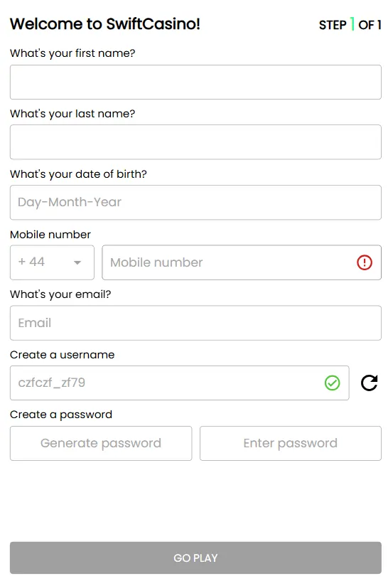 Swift Casino Registration Page