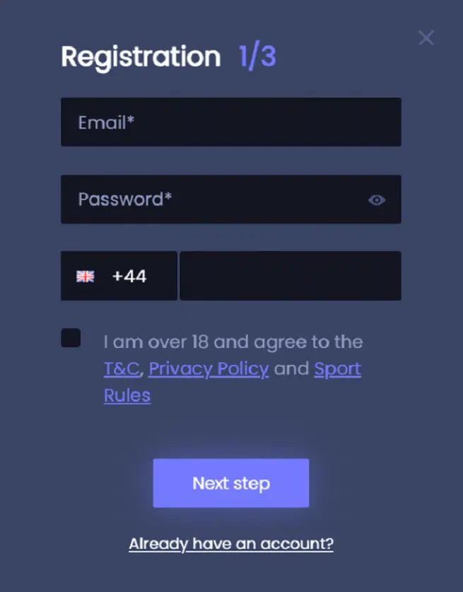 Vegas Mobile Casino Registration Page