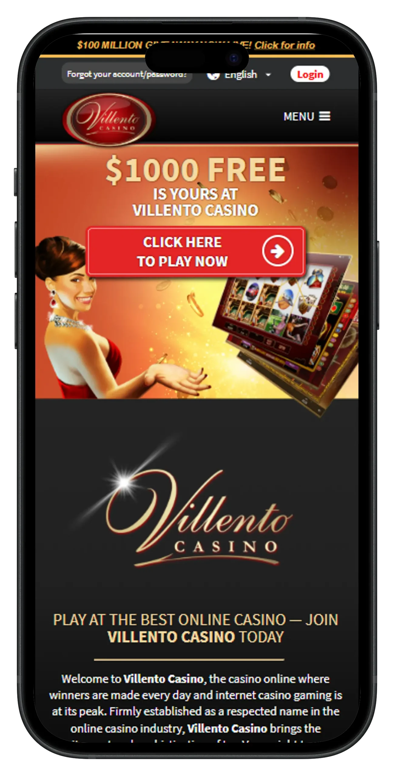 Villento Casino Mobile view Homepage