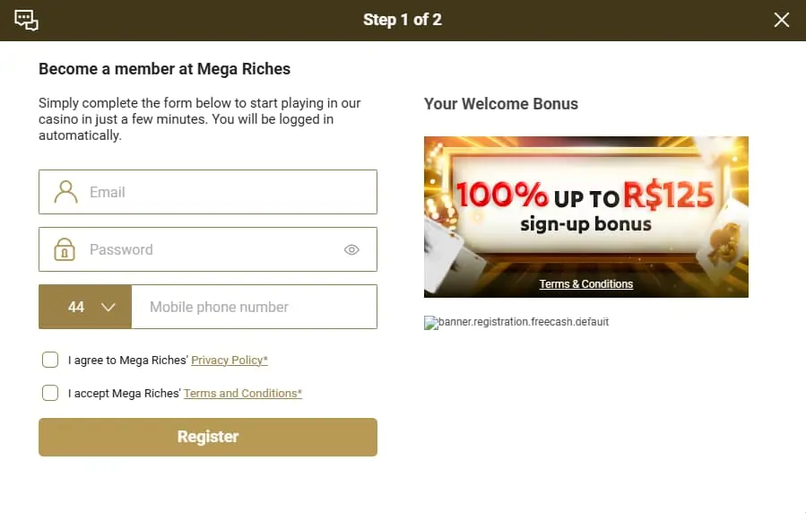 Mega Riches Casino Register Form