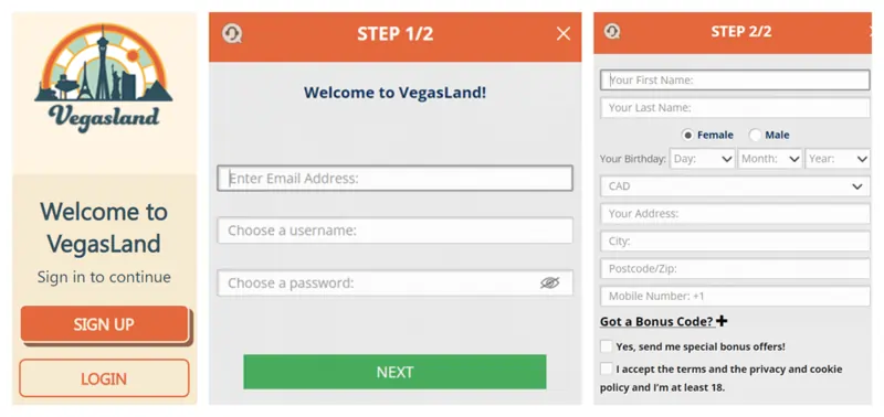 VegasLand Casino Sign up Form