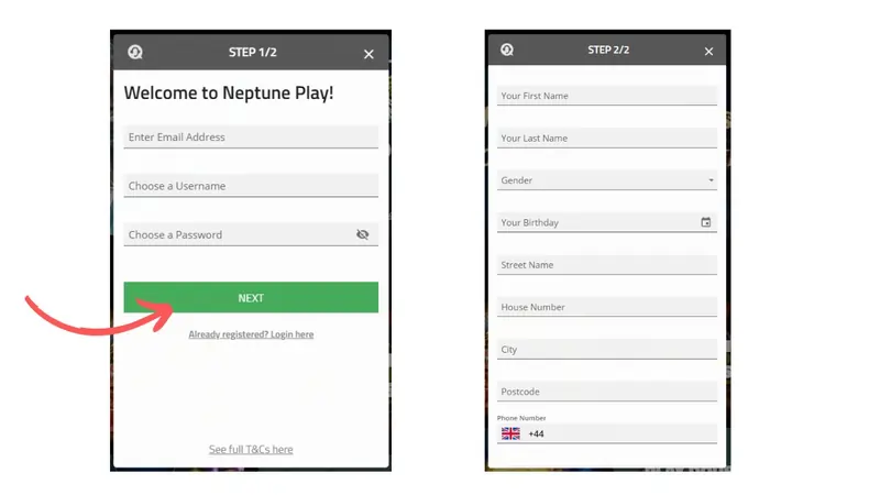 Neptune Play Casino Signup Form